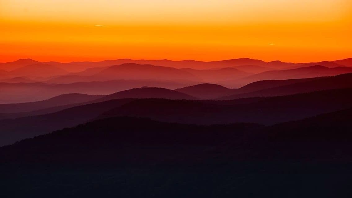 A worn gravel road cutting through Appalachian countryside at dusk