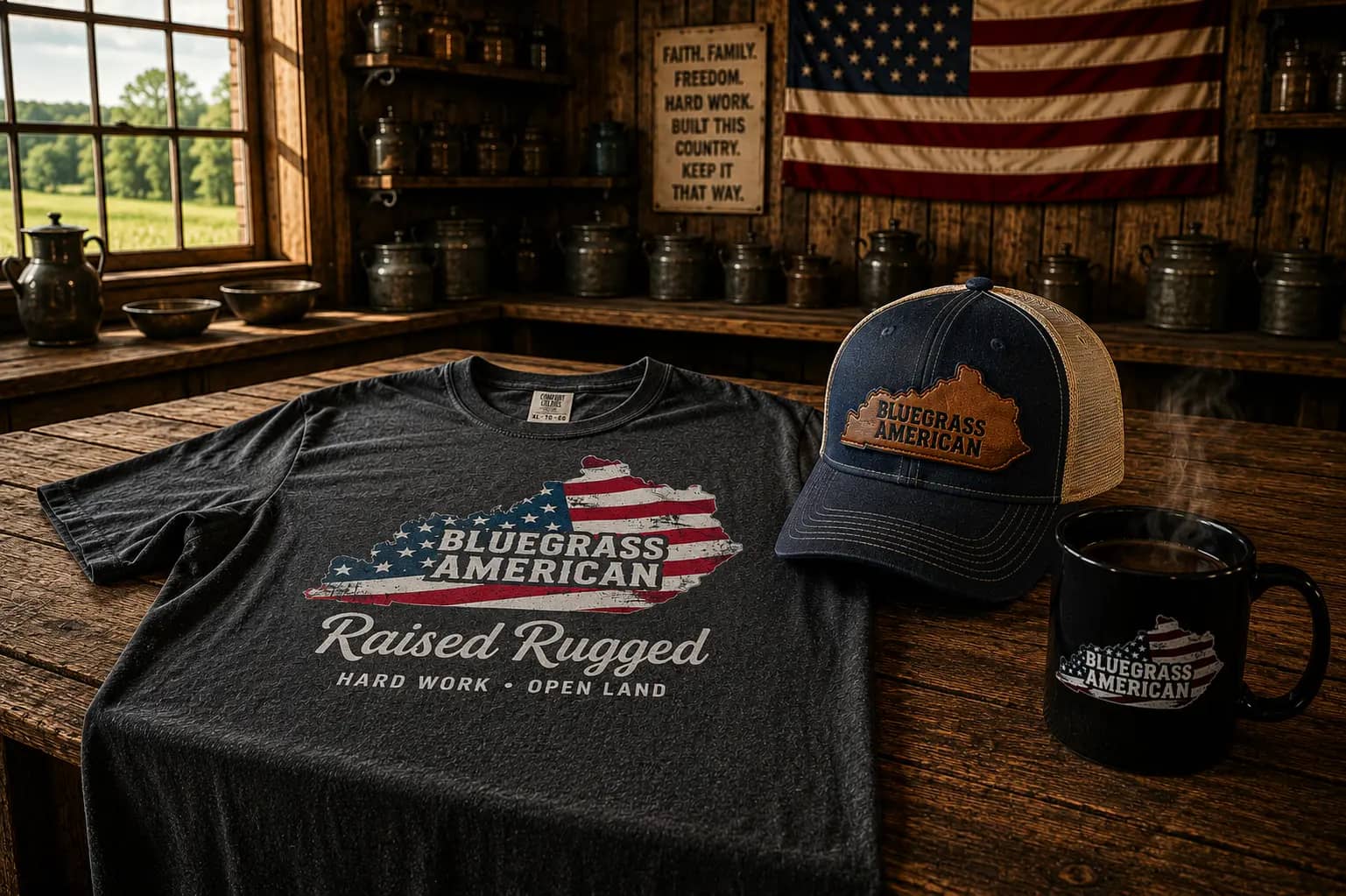 Bluegrass American apparel displayed on a rustic wooden table