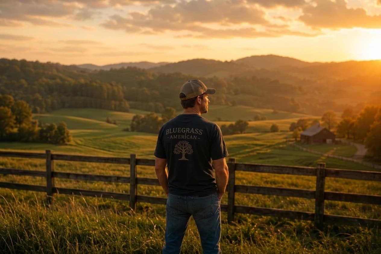Man looking over a Kentucky field at golden hour